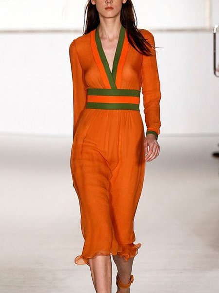 

Color Block Elegant Long Sleeve Midi Dress, Orange, Midi Dresses