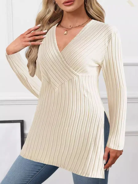 

Women's Long Sleeve Blouse Spring/Fall Black Plain V Neck Daily Going Out Casual Top, Apricot, Long Sleeves