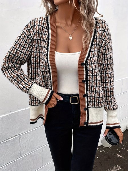 

Women Yarn/Wool Yarn Houndstooth Long Sleeve Comfy Casual Sweater, Coffee, Sweaters