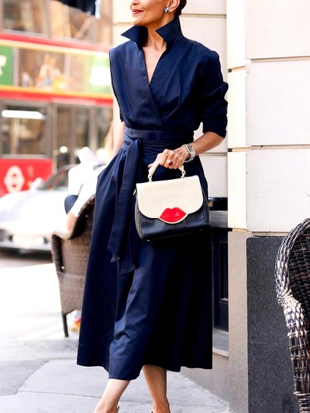 

Casual Plain Shirt Midi Dress With Belt, Deep blue, Maxi Dresses