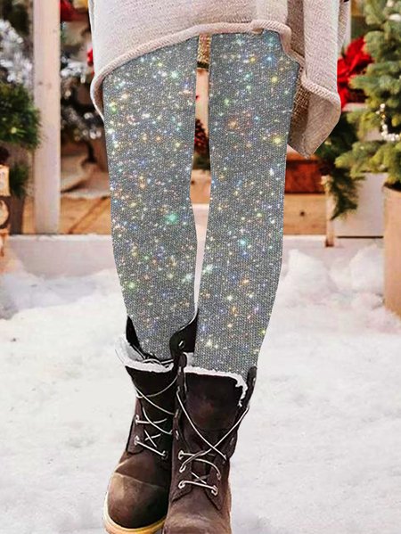 Casual Christmas Sequin Pattern Long Leggings, Silver, Leggings