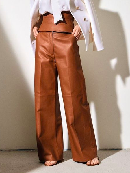 

Urban Plain Faux Leather Pants With Belt, Brown, Pants