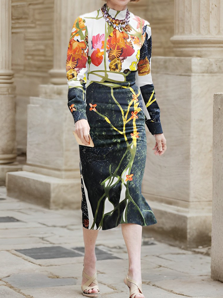 

Stand Collar Plants Elegant Midi Dress, As picture, Midi Dresses