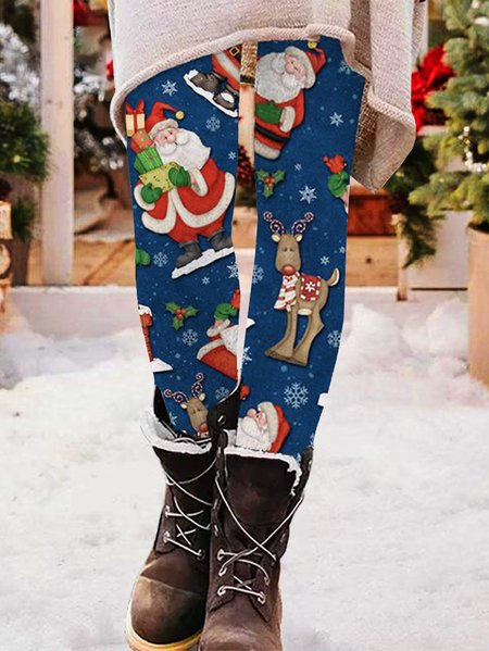 Casual Christmas Long Leggings, Blue, Leggings