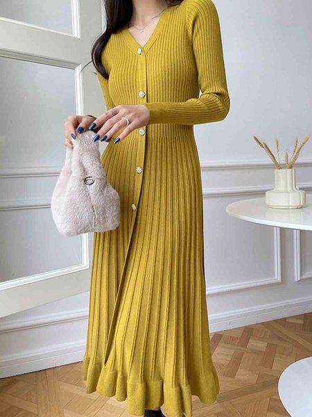 

Elegant Plain V Neck Buttoned Sweater Dress, Yellow, Maxi Dresses