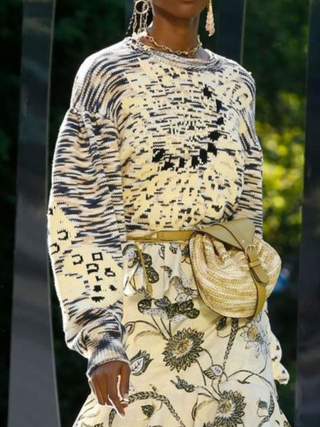 Random Print Casual Crew Neck Sweater, As picture, Pullovers