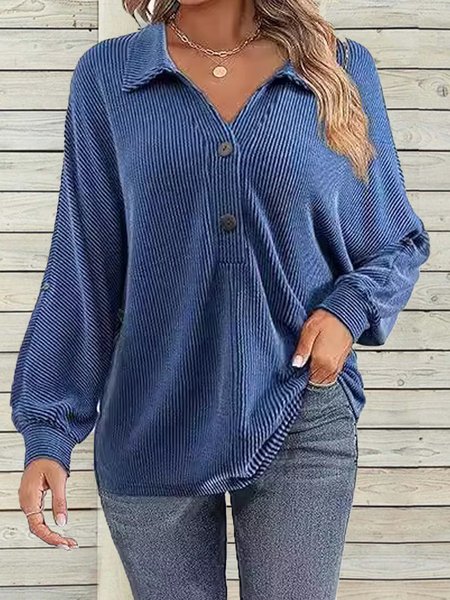 

Women's Long Sleeve Blouse Spring/Fall Plain Half Open Collar Daily Going Out Casual Top, Navyblue, Blouses