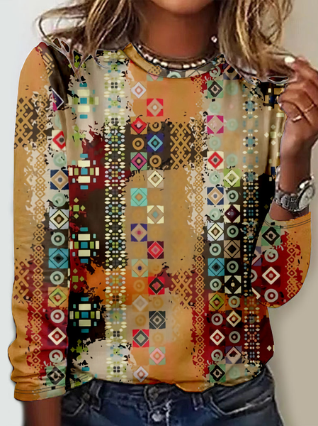 

Casual Ethnic Crew Neck Long Sleeve T-shirt, Multicolor, T-shirts