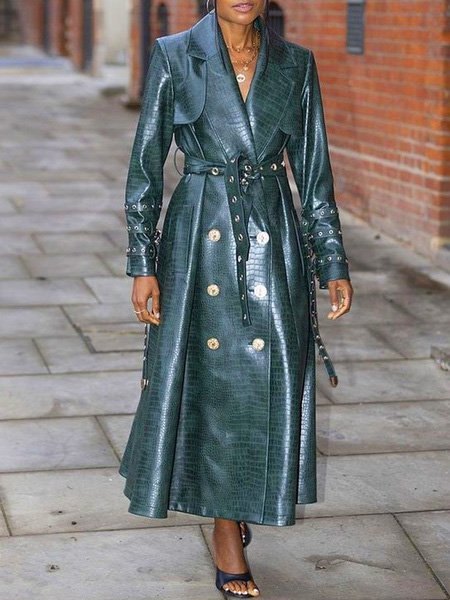 

Plain Lapel Collar Urban Faux Leather Coat With Belt, As picture, Jackets