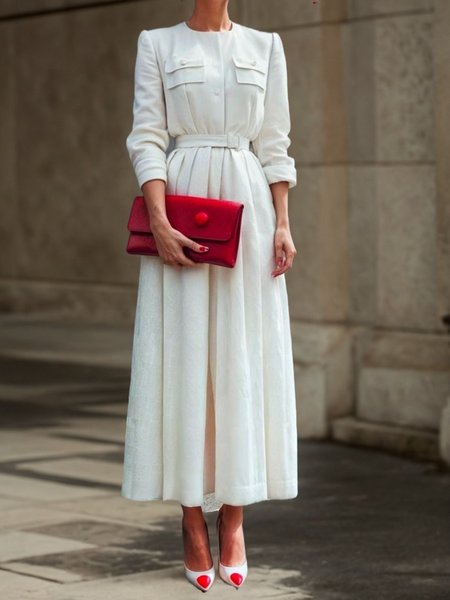 

Plain Elegant Pockets Dress With Belt, White, Maxi Dresses