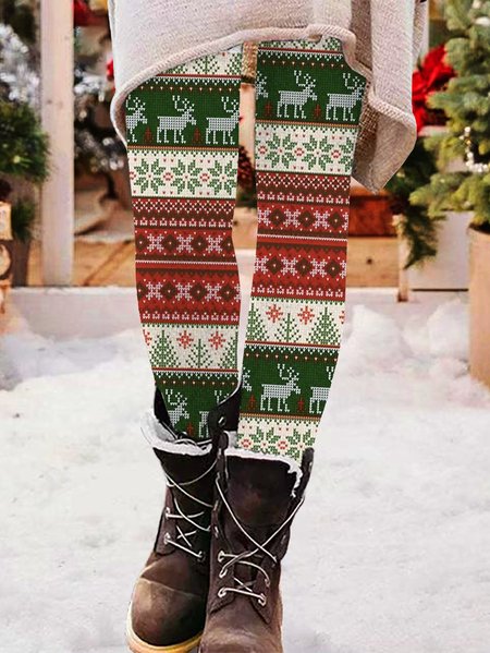 Christmas Jersey Casual Leggings, Green, Leggings