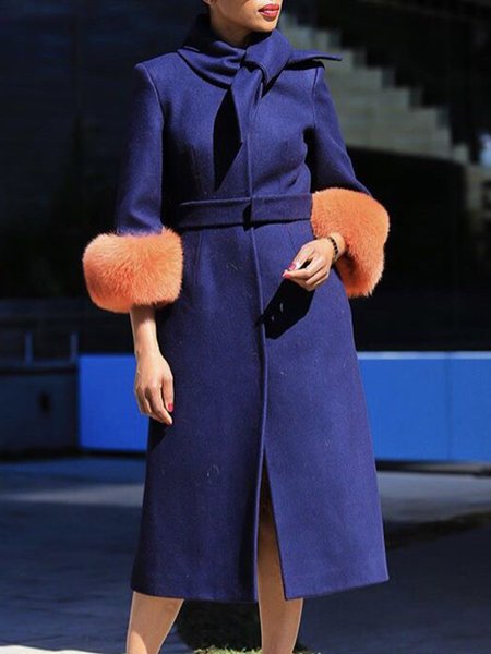 

Plain Urban Split Joint Coat With Belt, Blue, Coats