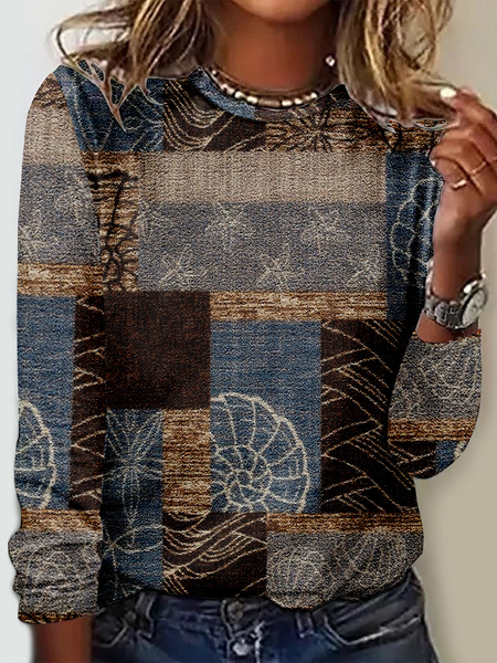

Casual Ethnic Crew Neck Long Sleeve T-shirt, Blue, T-shirts