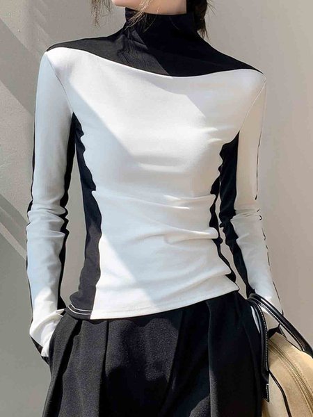 

Color Block Casual Turtleneck T-Shirt, Black-white, Tees