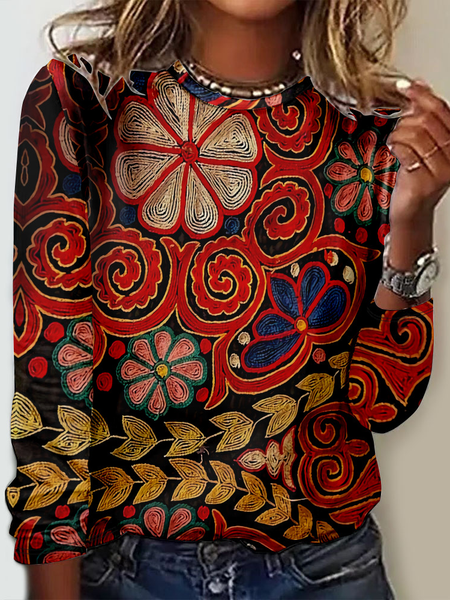 

Casual Ethnic Crew Neck Long Sleeve T-shirt, Red, T-shirts
