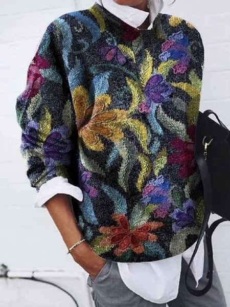 Casual Crew Neck Floral Sweatshirt Zipper, Deep blue, Hoodies & Sweatshirts
