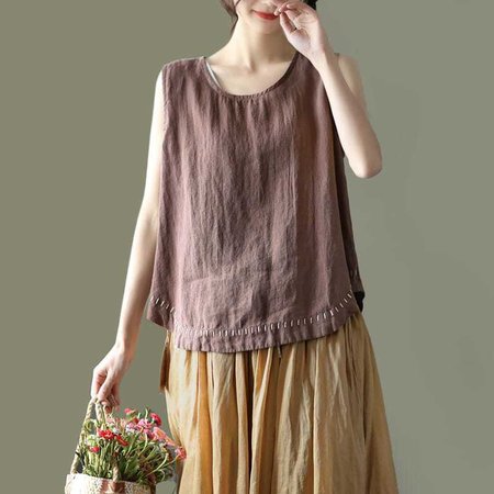 

Crew Neck Linen Tank Top, Coffee, Tank Tops & Camis