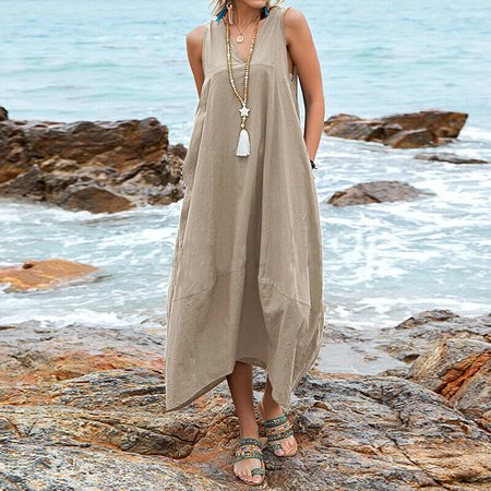 

Plain Linen Loose Cotton And Linen Dress With No, Khaki, Midi Dresses