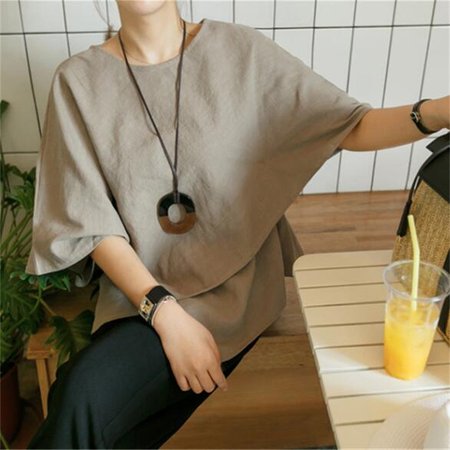 Linen Cotton And Linen Loose Crew Neck Blouse, Gray, Blouses & Shirts