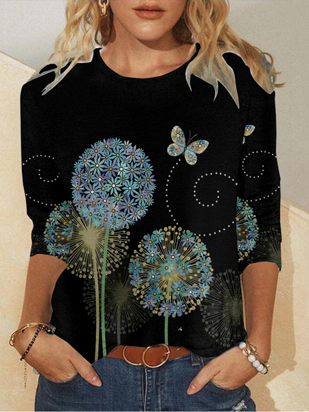 

Casual Floral Crew Neck Long Sleeve T-shirt, Black, T-shirts