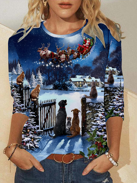

Casual Christmas Crew Neck Long Sleeve T-shirt, Blue, T-shirts