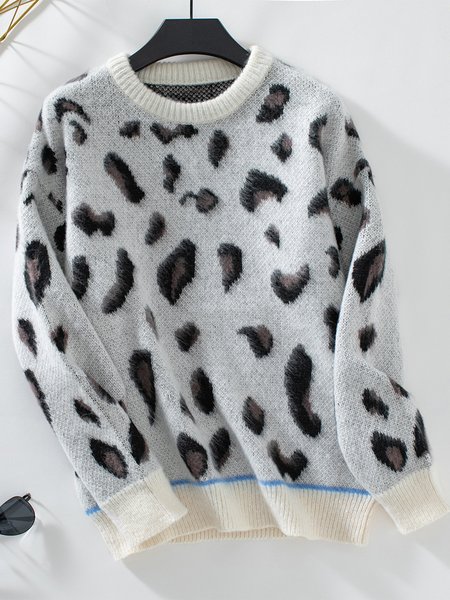 Loose Casual Leopard Crew Neck Sweater, Beige, Sweaters & Cardigans