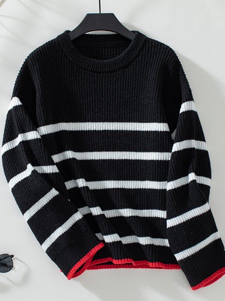 

Women's Winter Striped Casual Long Sleeve Crew Neck Sweater, Black, Sweaters