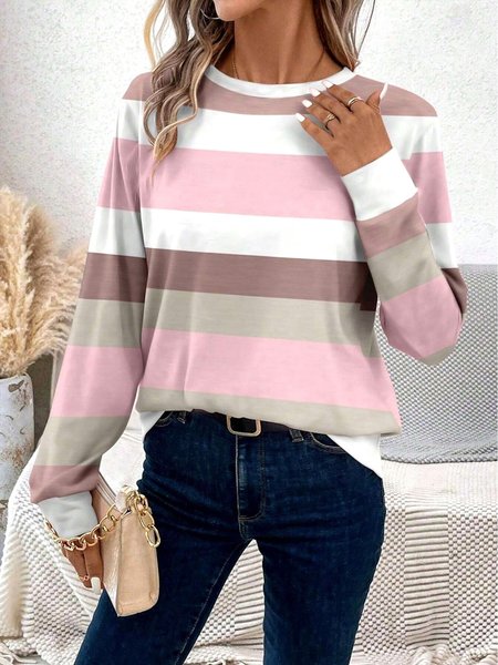 

Women's Long Sleeve Tee T-shirt Spring/Fall Striped Jersey Crew Neck Daily Going Out Casual Top, Pink, T-Shirts