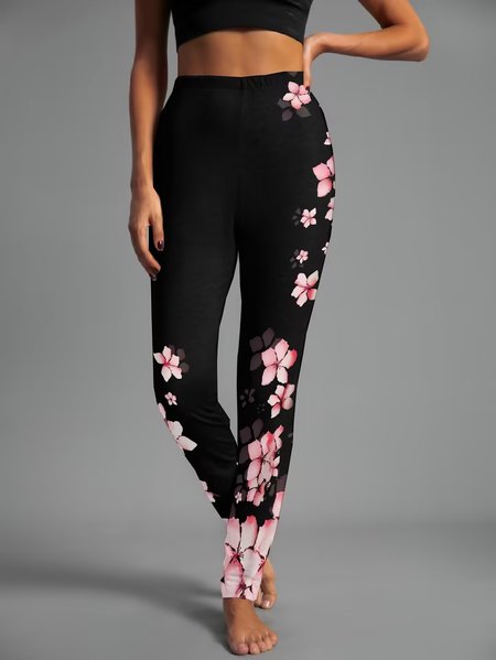Tight Floral Casual Leggings, Pink, Leggings