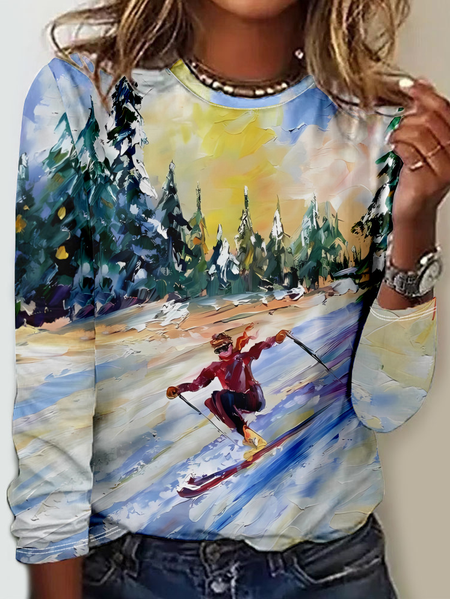 

Casual Abstract Crew Neck Long Sleeve T-shirt, As picture, T-shirts