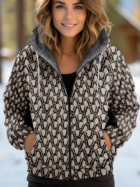 Women's Abstract Thicken Loose Jacket, Black, Outerwear