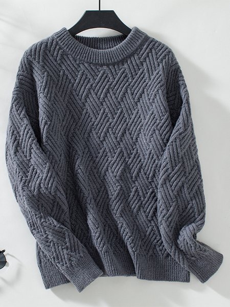 Casual Loose Crew Neck Plain Sweater, Deep gray, Sweaters & Cardigans