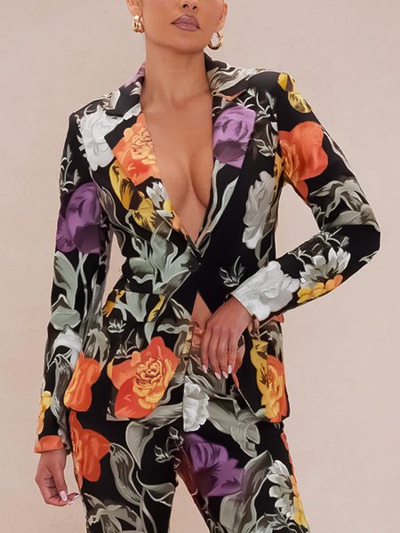 

Floral Elegant Lapel Collar Blazer, As picture, Blazers