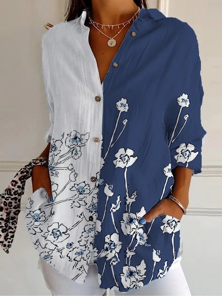 Shirt Collar Long Sleeve Floral Regular Loose Shirt For Women, Blue, Shirts