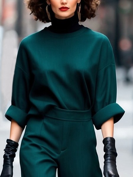 

Loose Urban Plain Crew Neck Blouse, Darkgreen, Blouses and Shirts