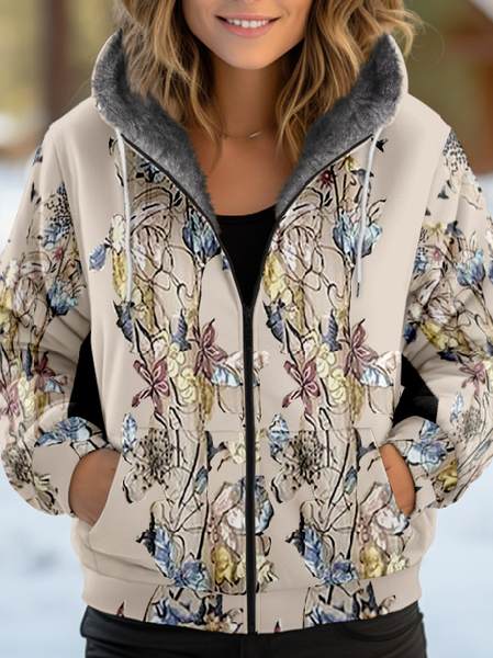 Women's Abstract Thicken Loose Jacket, Khaki, Outerwear