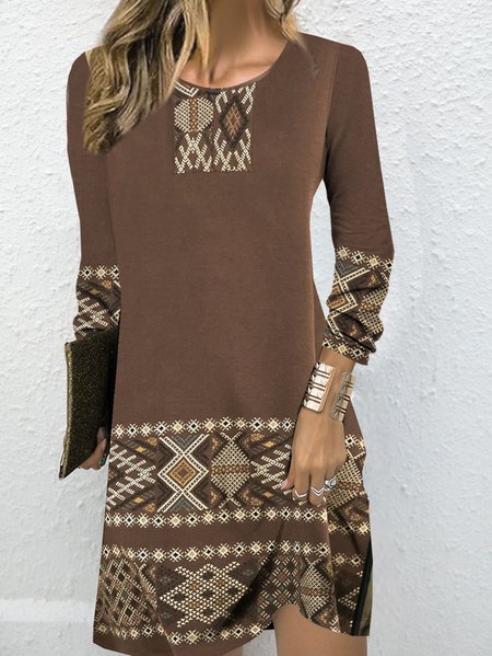 

Women Ethnic Crew Neck Long Sleeve Comfy Vintage Mini Dress, Brown, Dresses