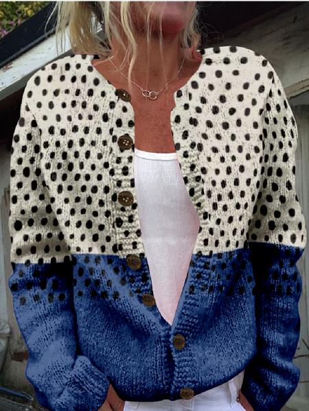 

Women Knitted Polka Dots Long Sleeve Comfy Vintage Cardigan, Blue, Cardigans