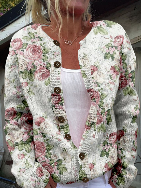 

Vintage Crew Neck Knitted Cardigan, As picture, Cardigans
