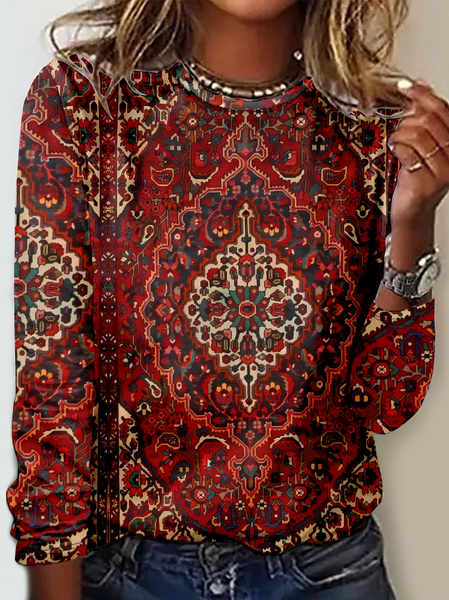 Casual Ethnic Crew Neck Long Sleeve T-shirt, Red, T-shirts