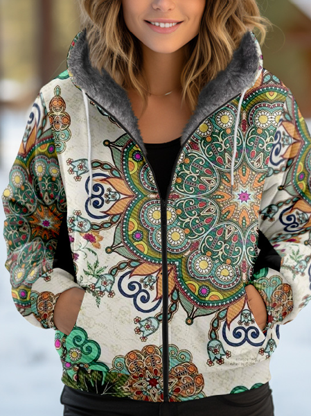 Women's Floral Thicken Loose Jacket, Green, Outerwear