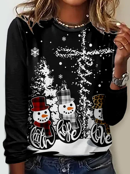 

Casual Christmas Crew Neck Long Sleeve T-shirt, Black, T-shirts