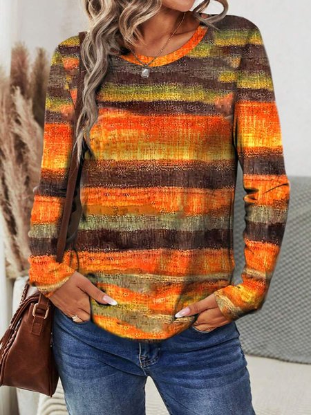 

Women's Long Sleeve Tee T-shirt Spring/Fall Striped Jersey Crew Neck Daily Going Out Casual Top, Orange, T-Shirts