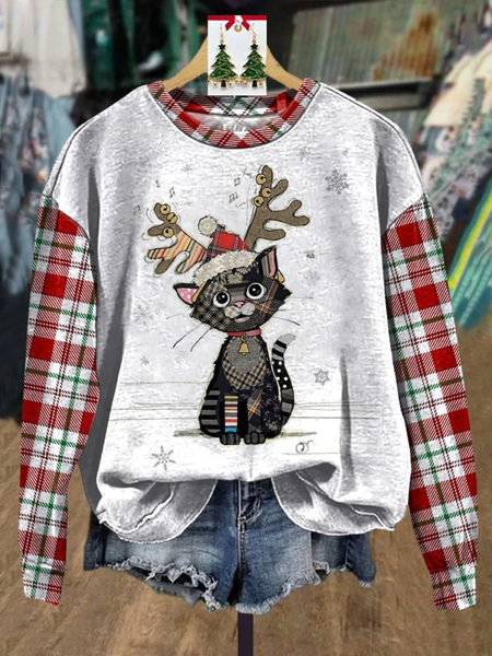 

Lovely Christmas And Cat Graphic Printed Casual Sweatshirt, White, Hoodies&Sweatshirts