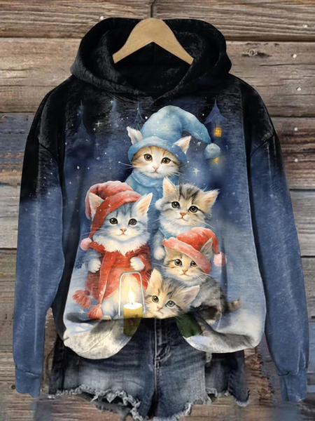 

Women's Christmas Cat Art Print Casual Sweatshirt, Dark blue, Hoodies&Sweatshirts