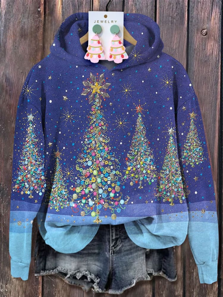 

Christmas Tree 3D Art Print Loose Casual Hoodie, Blue, Hoodies&Sweatshirts