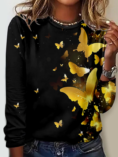 Casual Butterfly Crew Neck Long Sleeve T-shirt, Black, T-shirts