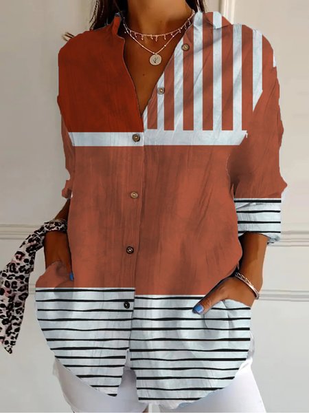 Shirt Collar Long Sleeve Geometric Regular Loose Shirt For Women, Orange red, Shirts