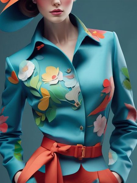 Floral Printing Elegant Shirt With No Belt, Blue, Blouses and Shirts