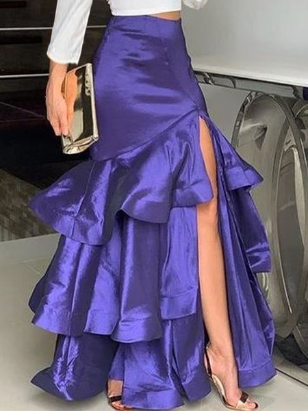 

Elegant Peplum Plain Maxi Skirt, Purple, Skirts